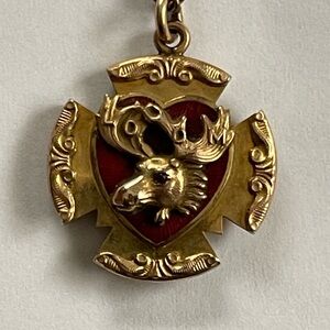Gold-Tone Loyal Order of the Moose Crest Pendant Necklace with Red Enamel